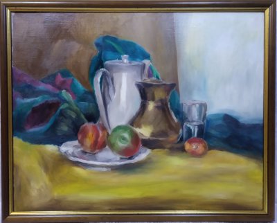Картина маслом Натюрморт с золотым кувшином и фруктами